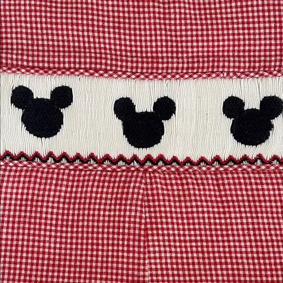 Red Gingham Baby Romper with Mickey Mouse Smock Design - Picture 3 of 3